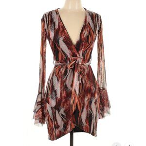 PrettyLittleThing Beautiful Print Mesh Ruffle Long Sleeve Dress Feminine Elegant